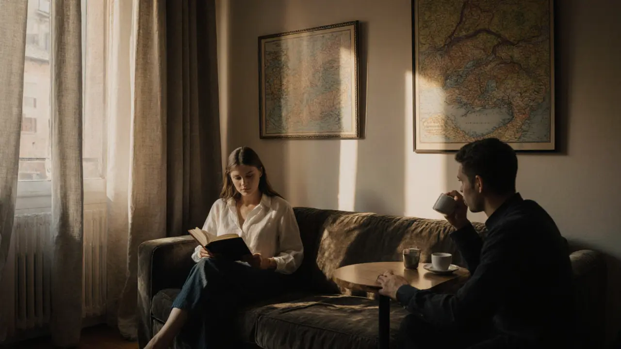 Two people sit in quiet conversation in a Brera apartment, surrounded by art and books, no physical intimacy.