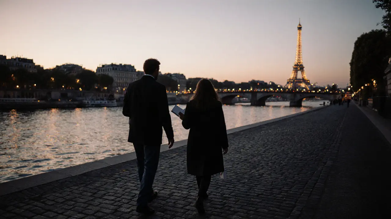 Two people walk peacefully along the Seine at dusk, one reading aloud as the Eiffel Tower glows in the distance.