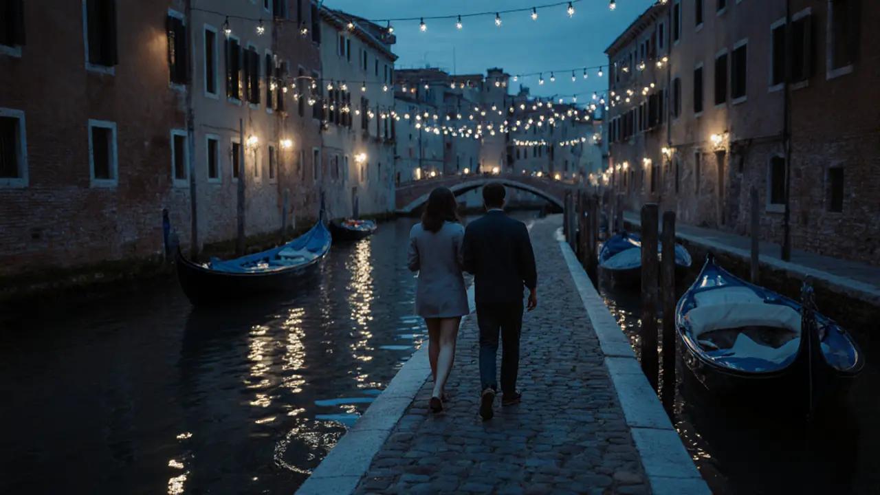 Two people walking peacefully along the Navigli canals at night, reflections in the water.