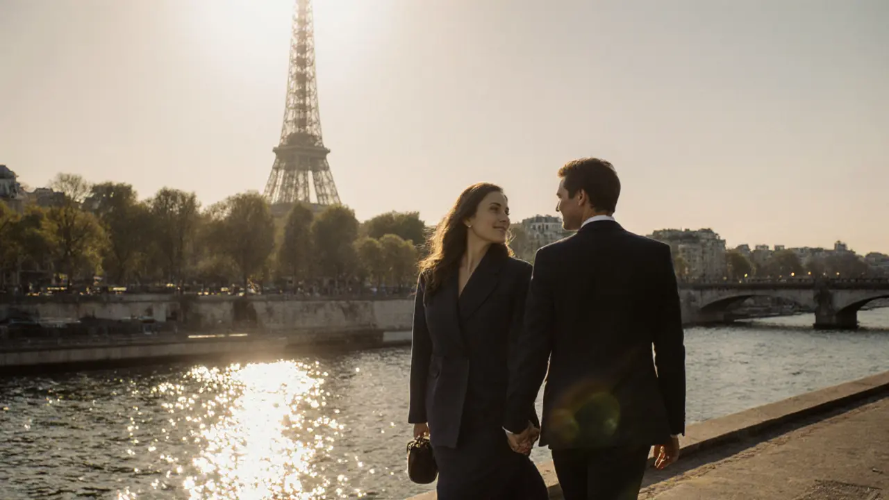 Two people walking peacefully along the Seine as the Eiffel Tower glows in the distance.