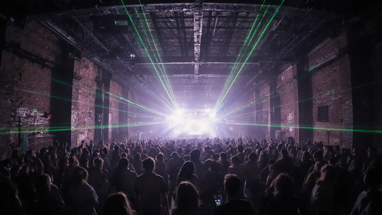 Vast industrial warehouse party at Printworks with lasers, haze, and hundreds of dancers under high ceilings.