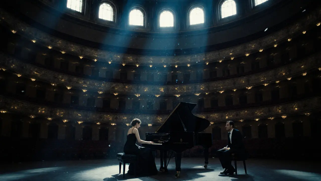 Woman playing piano in empty La Scala auditorium, moonlight streaming through windows.