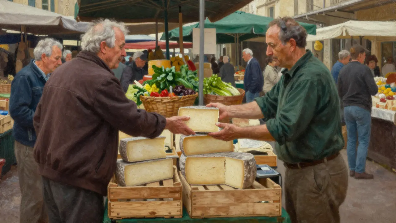 A cheese vendor at Marché d’Aligre market offering a sample to a visitor among fresh produce and wooden crates.