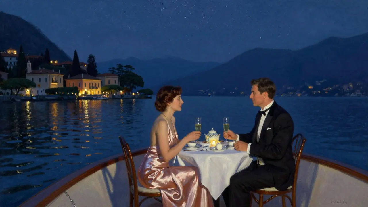 A couple on a private yacht at night on Lake Como under starlight, elegant and serene.