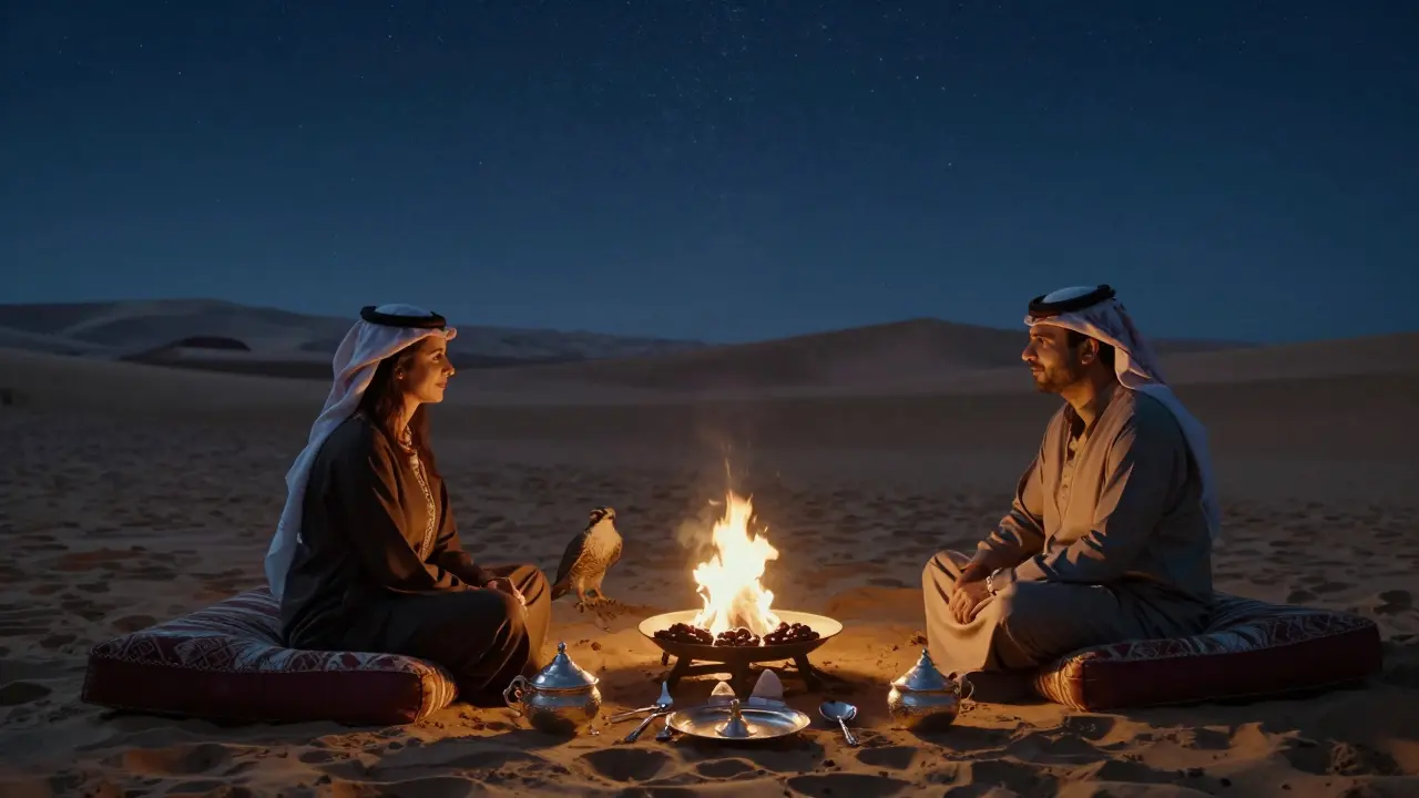 A couple shares a quiet moment in a desert camp at night, surrounded by dunes and flickering firelight.