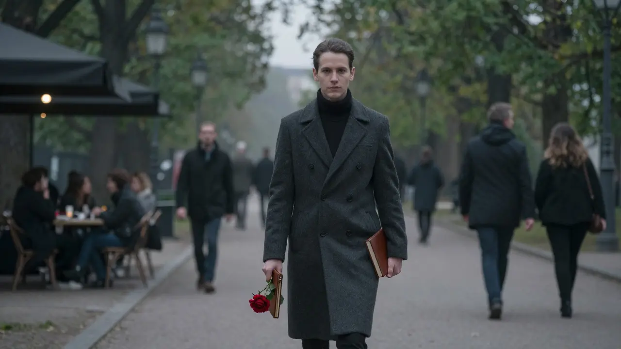 A discreet woman walks through Tiergarten at dusk, carrying a journal and a red rose, mist surrounding her.