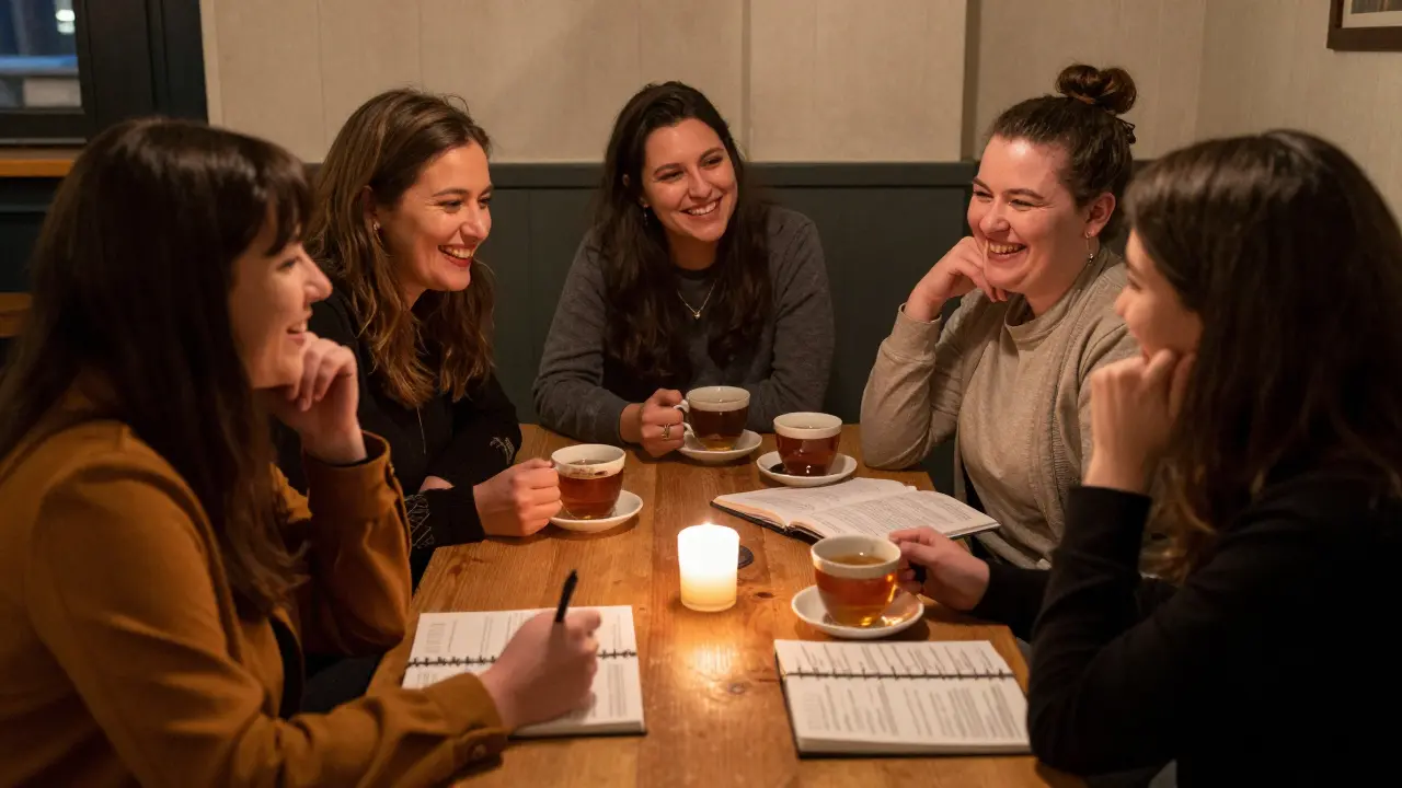 A diverse group of sex workers gather in a London café, exchanging financial and legal advice over tea.