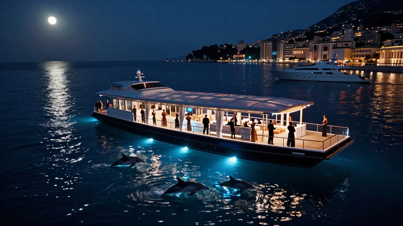 A floating nightclub with glass floors revealing dolphins swimming beneath dancers under moonlight.