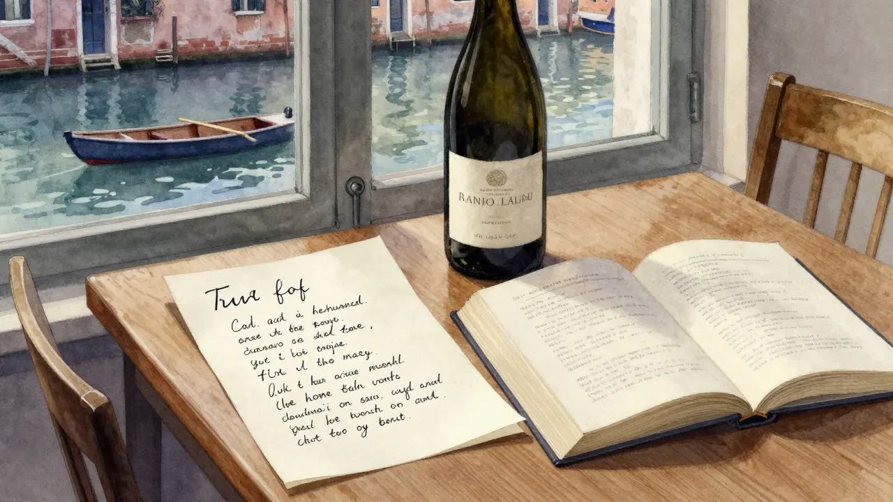 A handwritten thank-you note rests beside an open book of poetry and a bottle of wine, overlooking the Navigli canal at twilight.