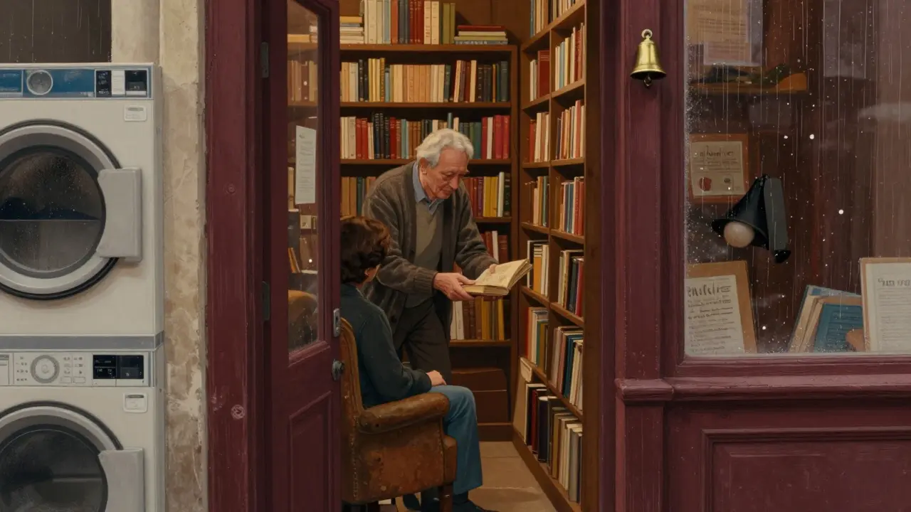 A hidden bookstore with overflowing shelves, an elderly man giving a book to a visitor in a cozy armchair by a window.
