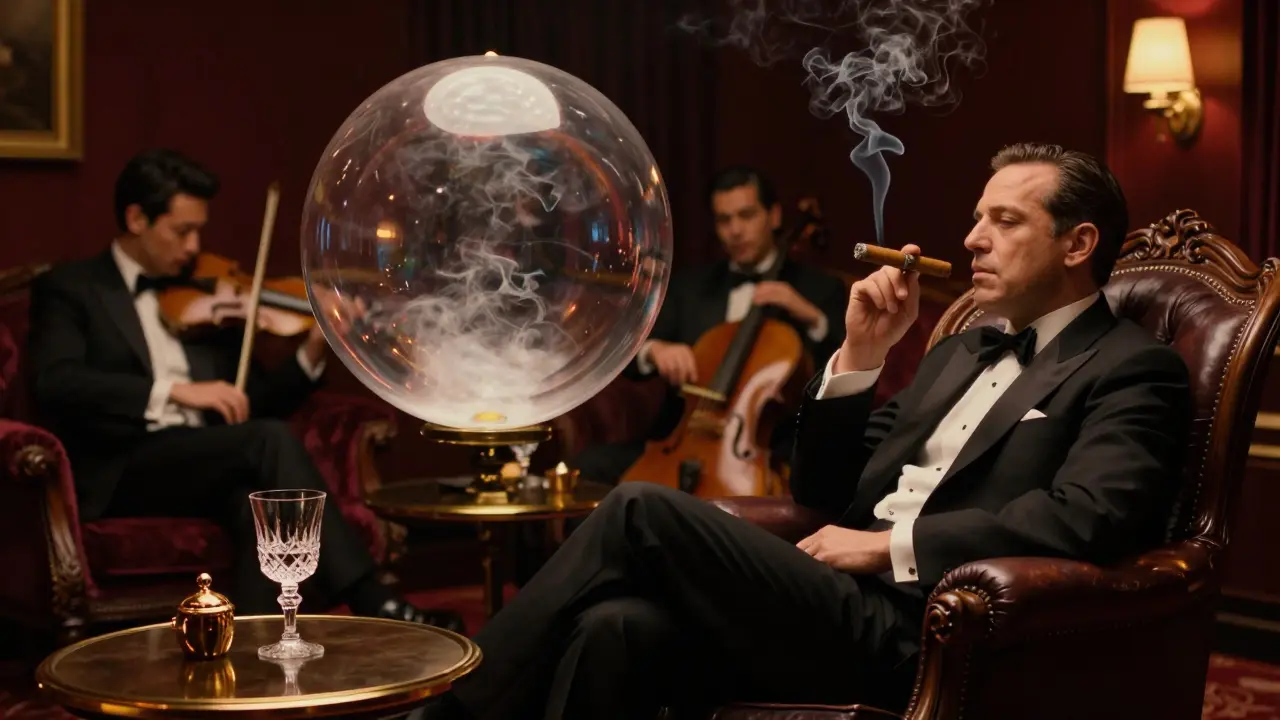 A luxurious smoke-filled lounge with a velvet armchair, cigar, and string quartet in dim amber light.