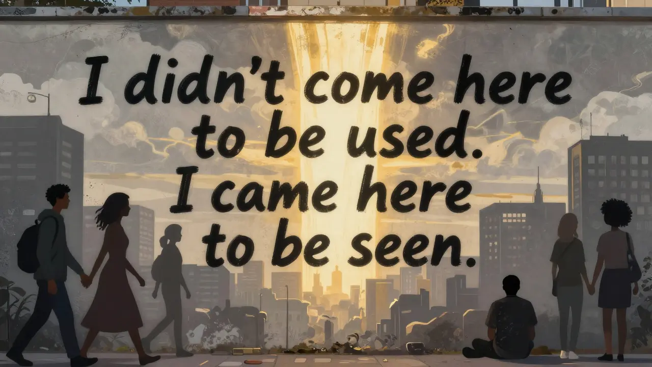 A mural in Peckham reads 'I didn’t come here to be used. I came here to be seen.' with abstract figures blending into the city.