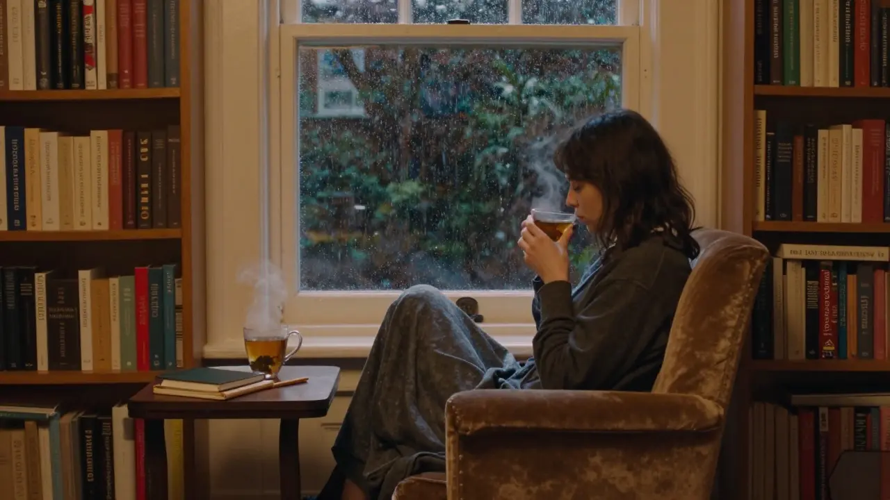 A person reading alone in a cozy library nook with tea and books, rain softly falling outside.
