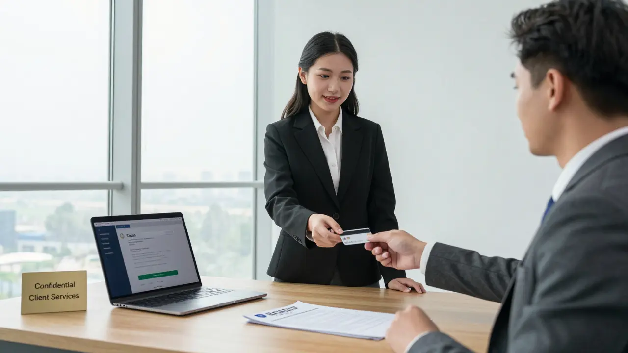 A professional escort agency office with a signed contract and credit card payment, emphasizing legal and discreet service.