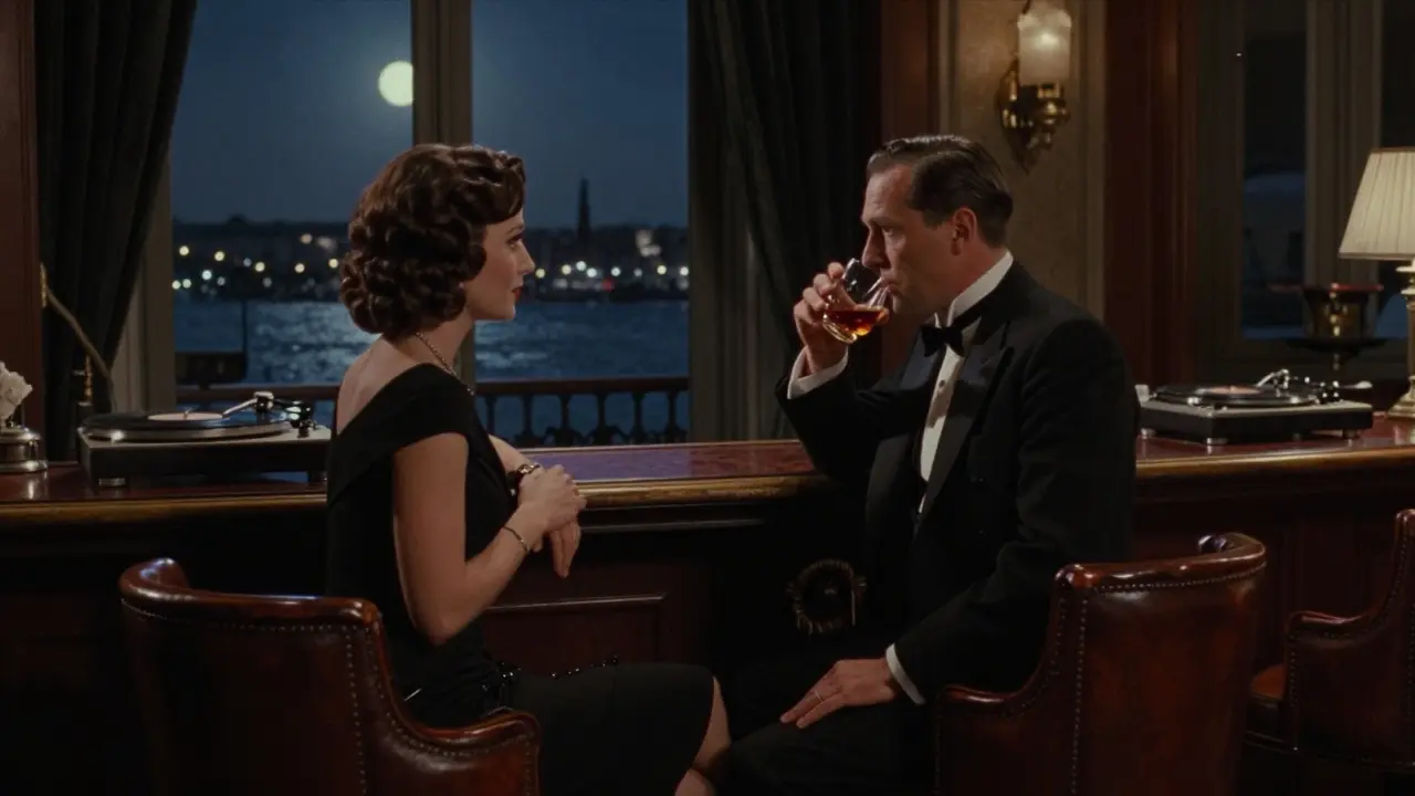 A quiet, dimly lit bar in Monaco where refined patrons sip cognac in leather chairs, moonlight shining through the window.