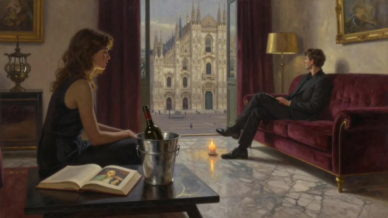 A quiet luxury apartment in Milan at twilight, candlelight reflects off marble as a man gazes at the Duomo, books and wine nearby.