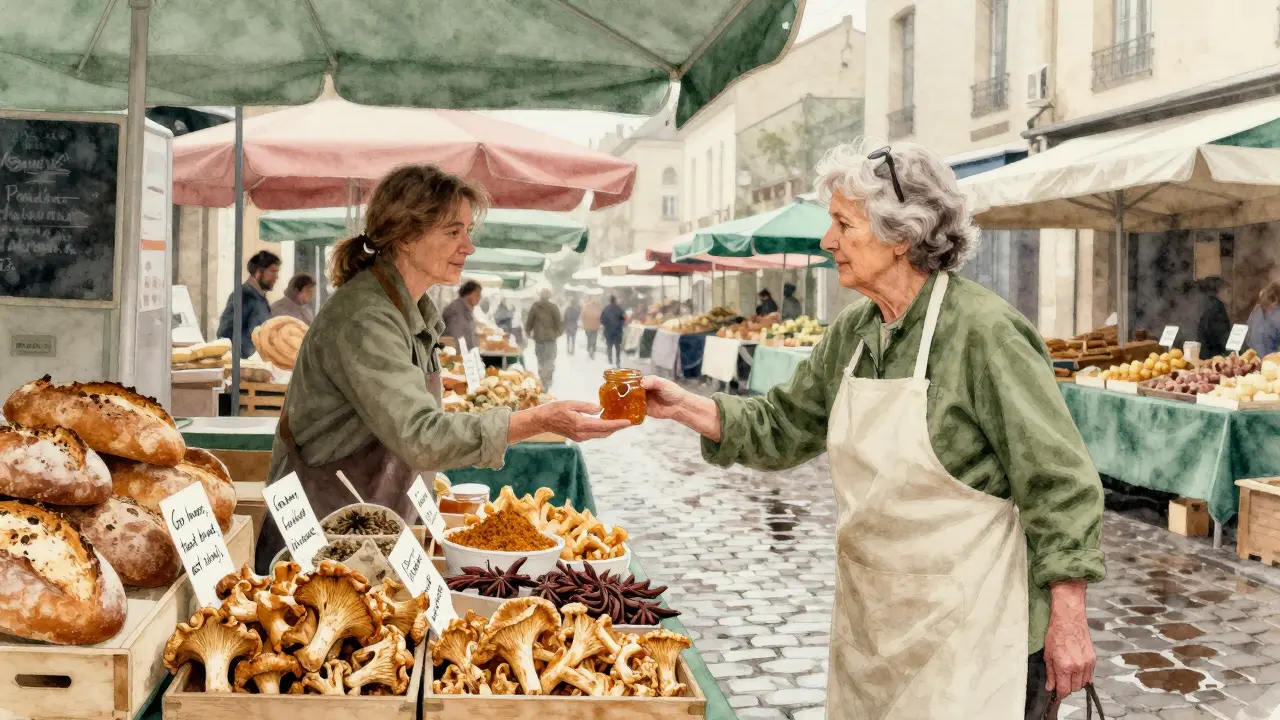 A quiet Tuesday market stall with quince jam being offered, fresh produce, and handwritten note, no crowds.