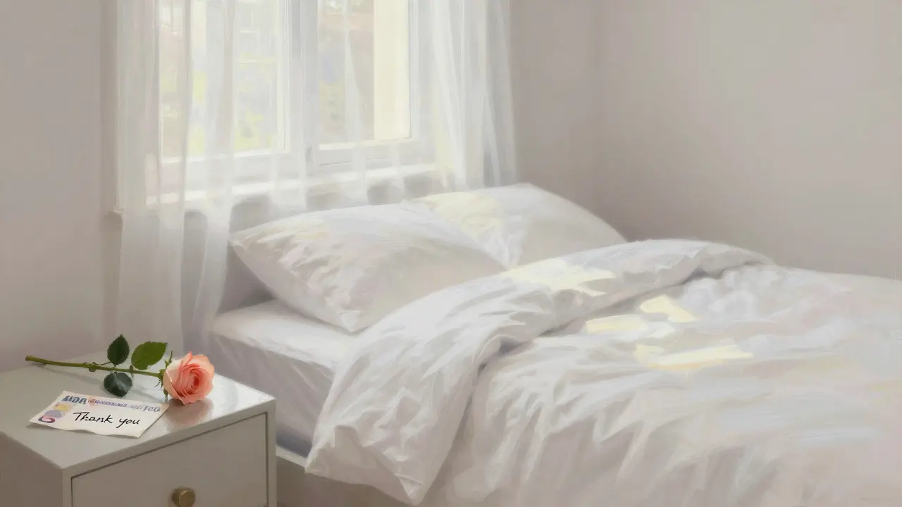 A rose and folded banknote rest on a nightstand beside a thank-you note, symbolizing respectful closure.