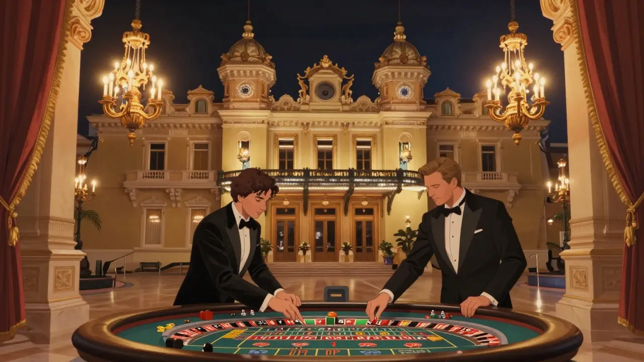 A sophisticated couple betting at a roulette table inside Casino de Monte-Carlo at night.