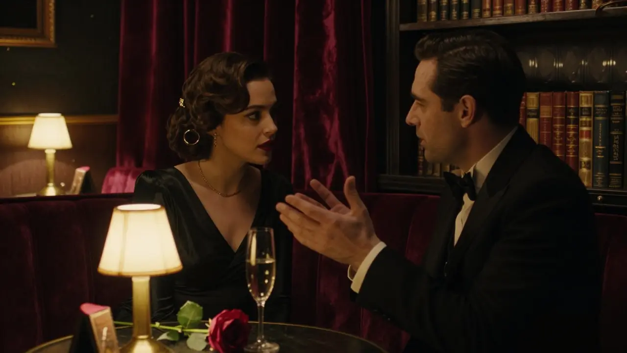 A sophisticated couple in an art deco lounge, sharing a quiet moment with champagne and a rose.