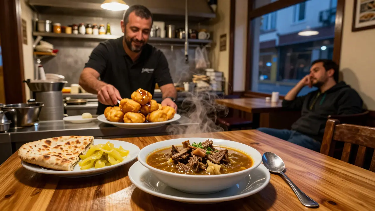 A steaming bowl of lamb stew and sweet lokma are served at a midnight eatery, warm light glowing on wooden tables.