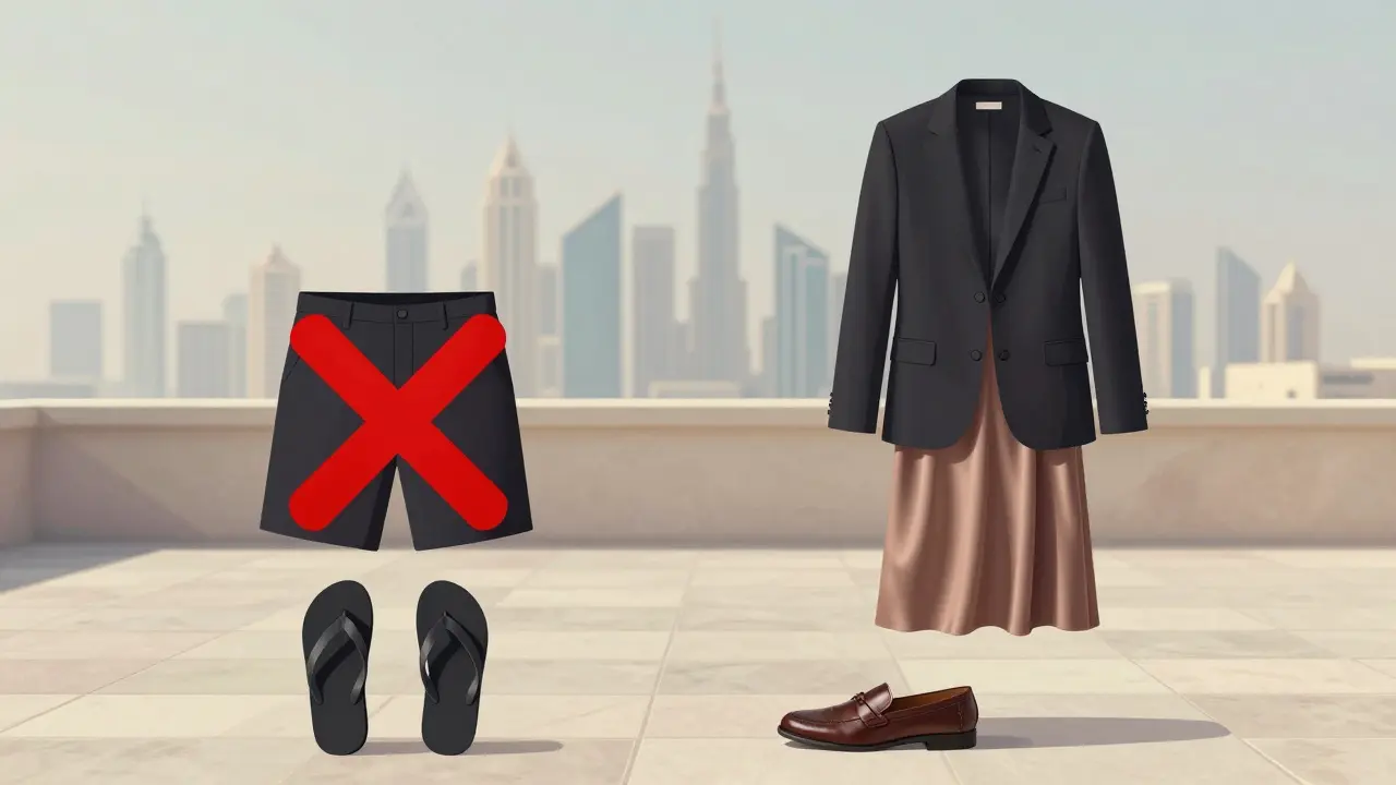 A symbolic contrast of inappropriate vs. appropriate Dubai date attire: flip-flops with an X versus elegant shoes and a blazer on a terrace.