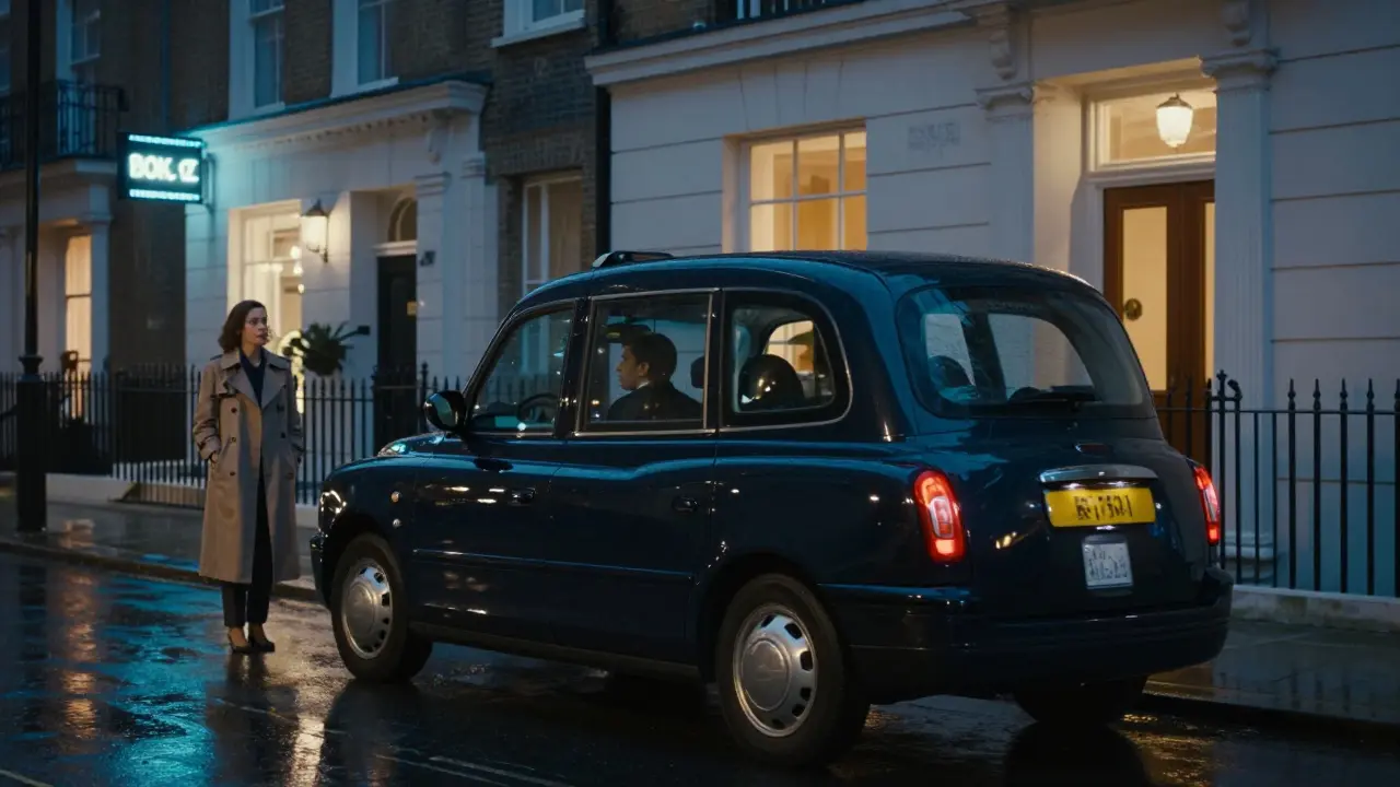 A taxi drives away from a London townhouse at night, emphasizing discretion and transient connection.