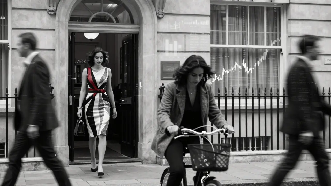 A woman's dual life revealed in a double-exposure image: luxury hotel and late-night Tube ride.