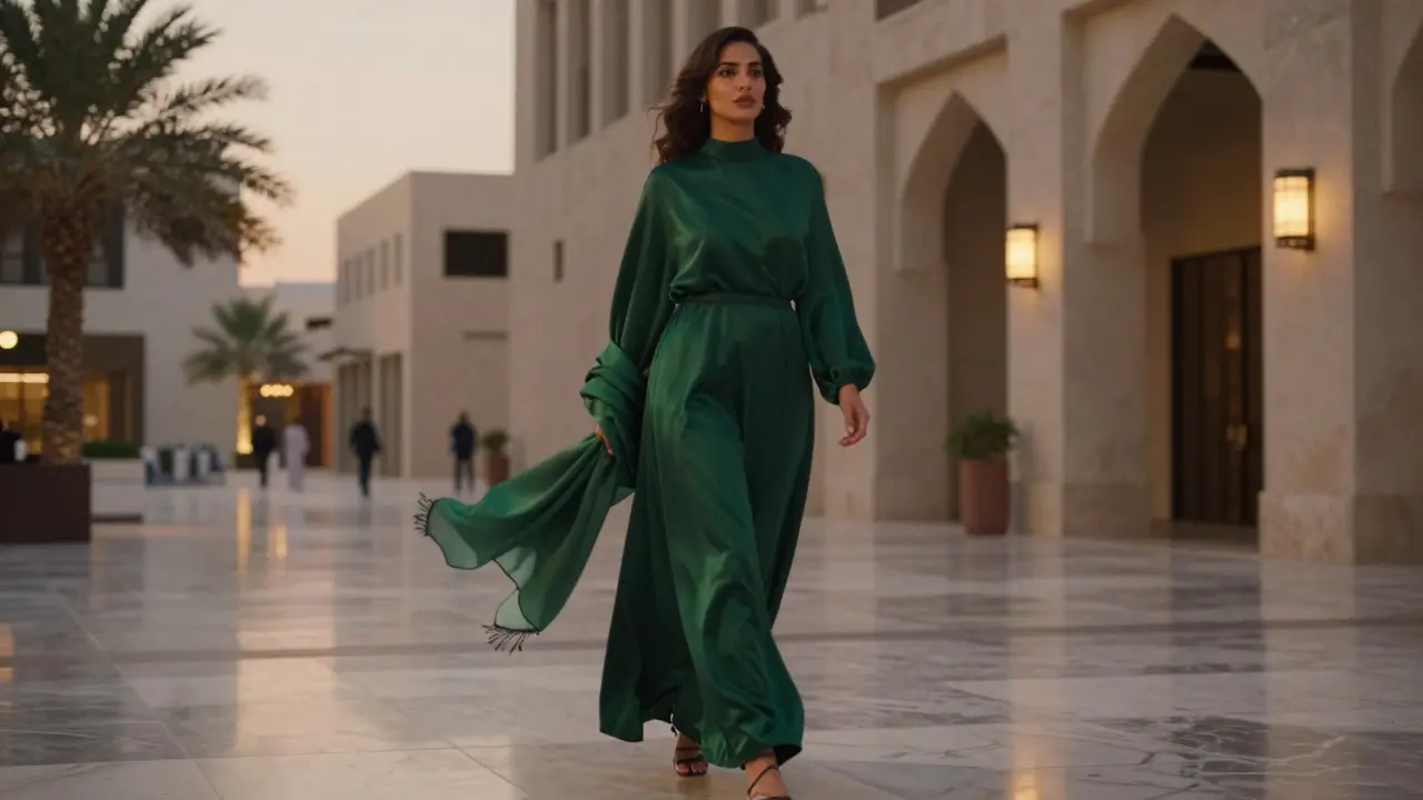 A woman in an emerald green maxi dress carrying a silk shawl, walking through the modern art district of Alserkal Avenue at sunset.
