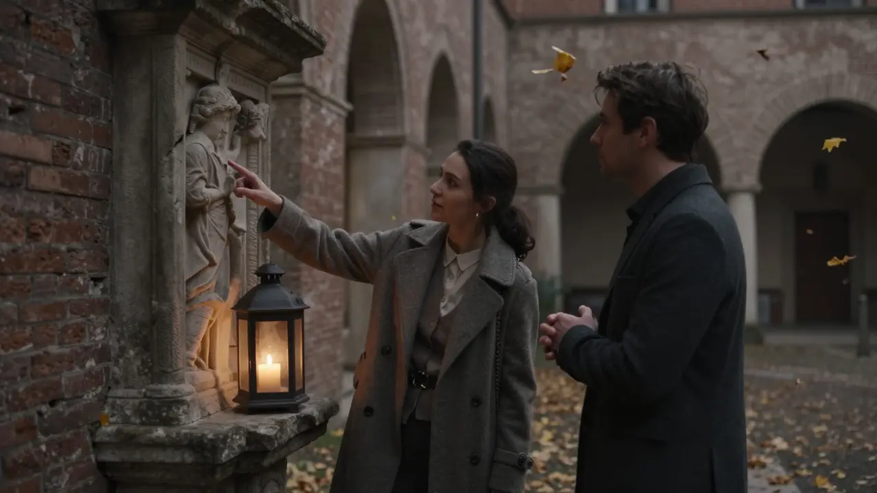 A woman points to an ancient carving at Sforza Castle while a man listens intently, candlelight casting soft shadows in the courtyard.