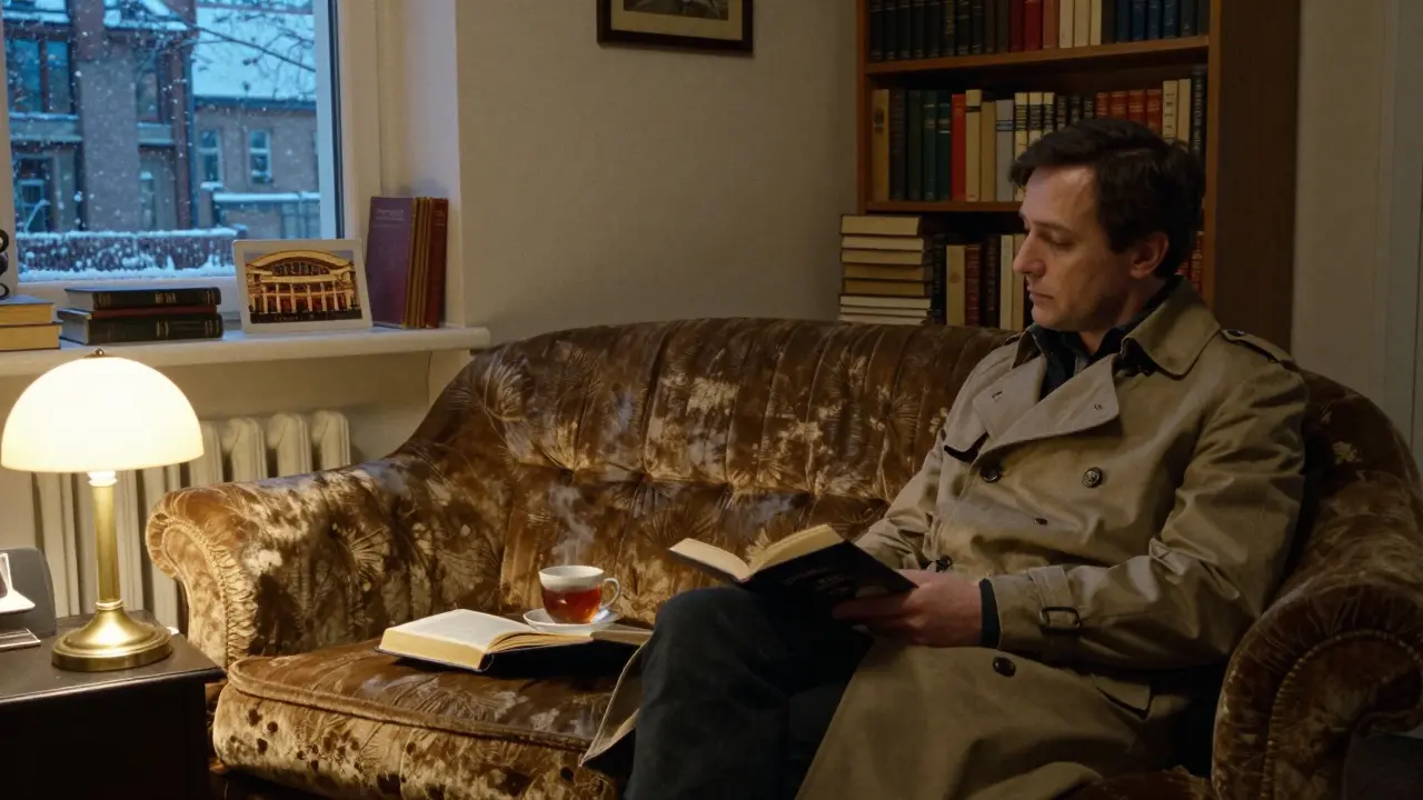 A woman reading Kafka to a client in a cozy 1990s Berlin apartment, lamplight and snow outside.