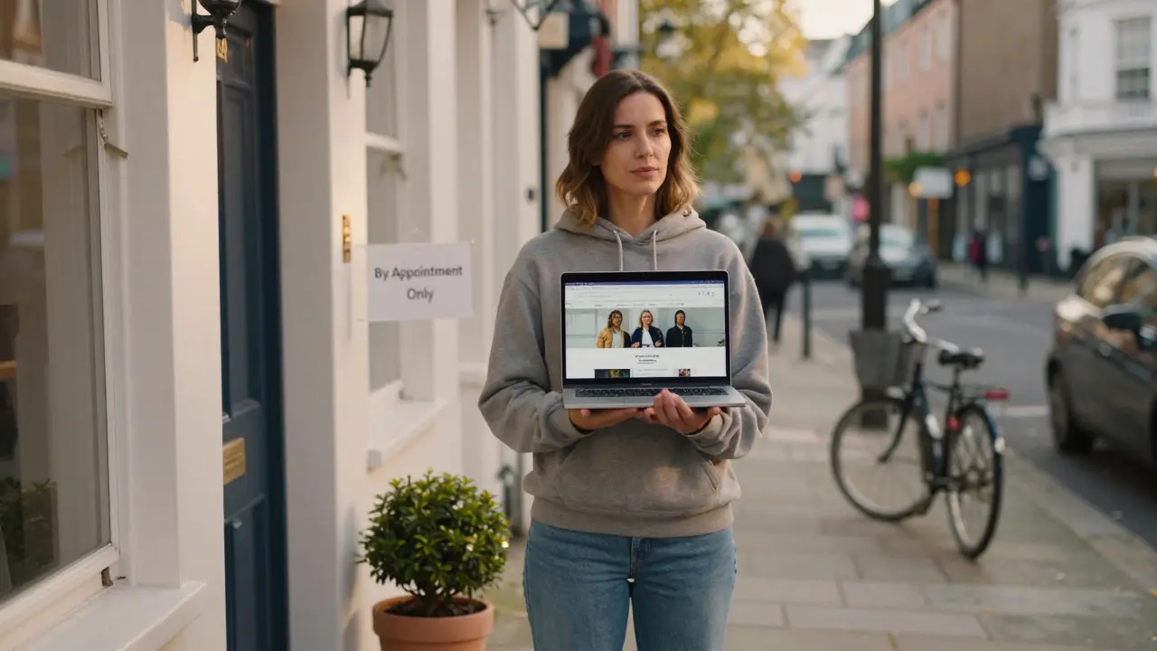 A woman stands outside her flat with her laptop, displaying her private escort website in quiet professionalism.