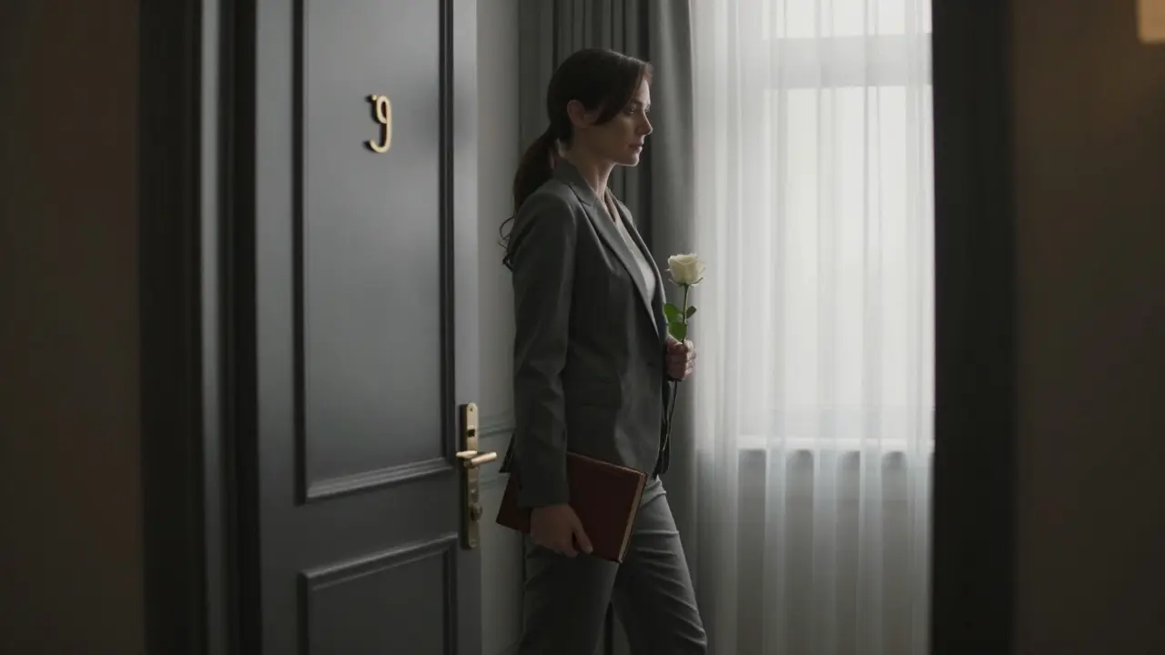 A woman walks down a hotel hallway at dawn, carrying a book and a white rose, morning light streaming through curtains.
