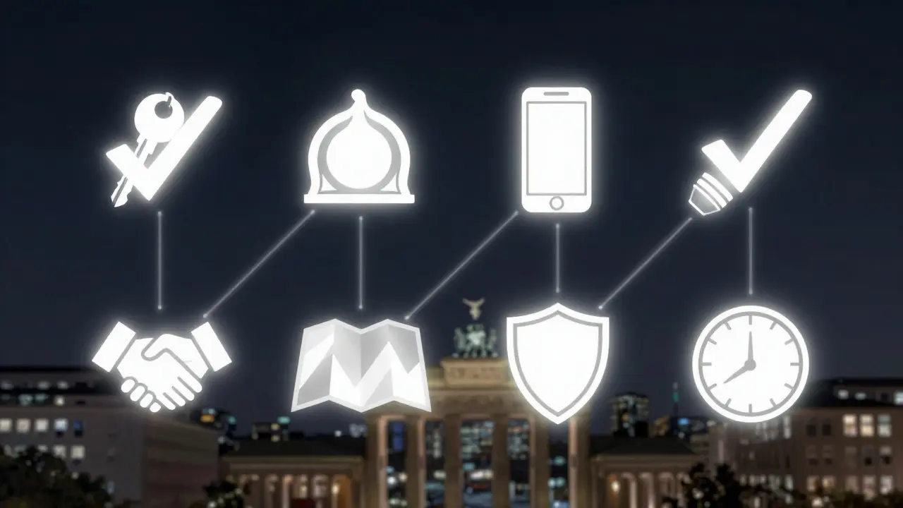 Abstract glowing checkmarks symbolizing safety steps for meeting an escort in Berlin.