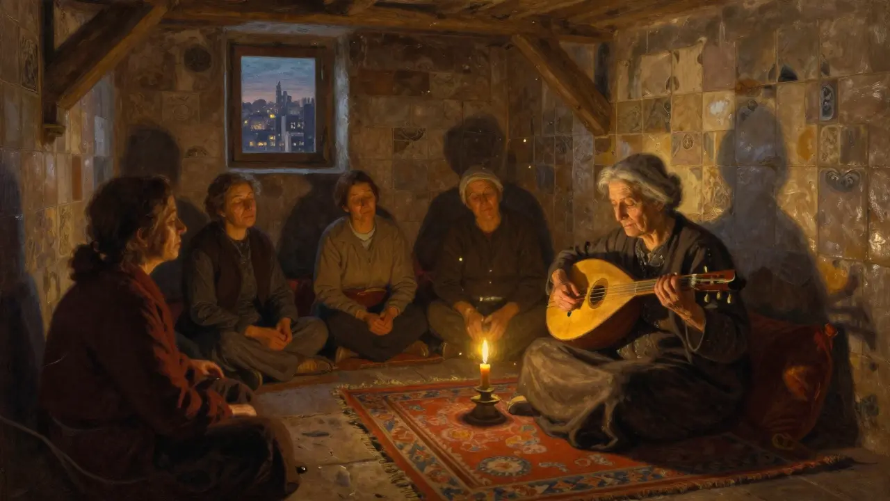 An elderly woman plays the oud in a candlelit basement, surrounded by listeners sitting quietly on rugs.