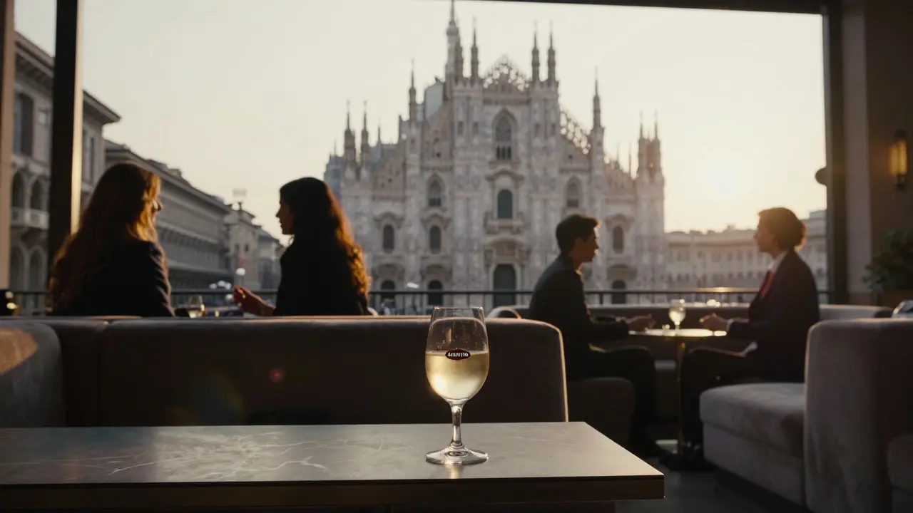 An elegant lounge at sunset with a cocktail glowing in golden light and Milan’s skyline behind.