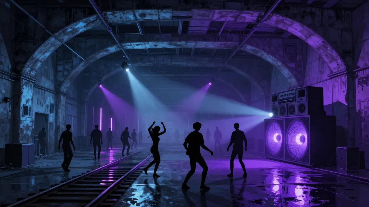 An underground club under a railway arch with dancers illuminated by pulsing neon lights.