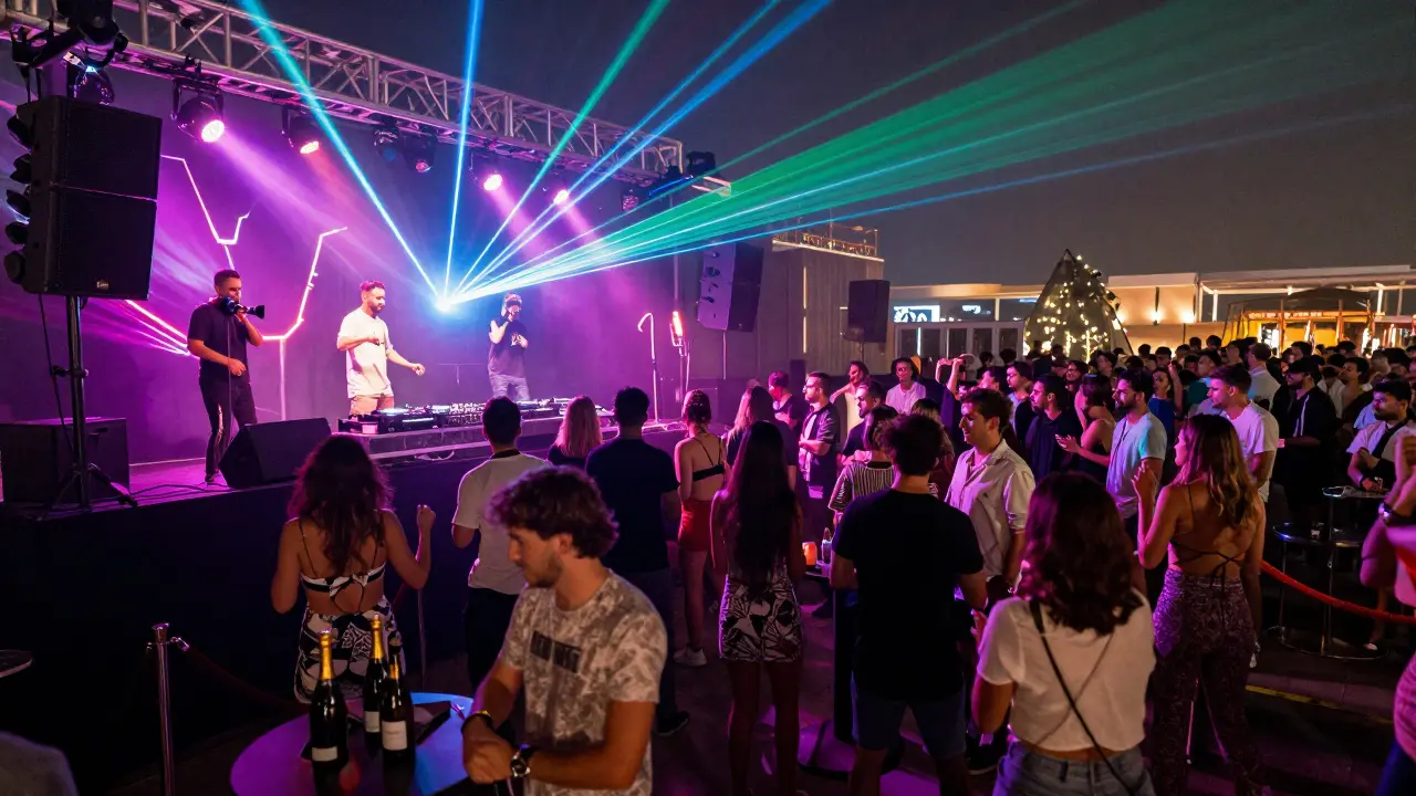 Busy nightclub with neon lights, dancers on a crowded floor, and a long entrance line.