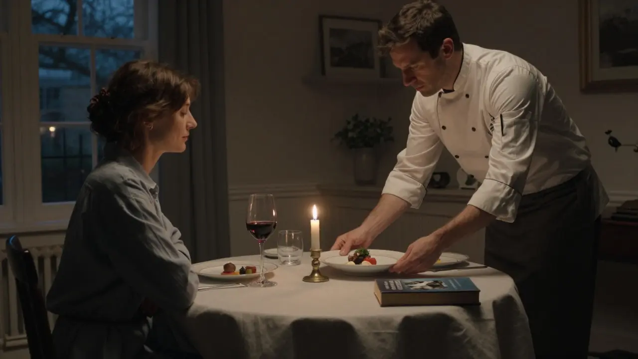 Candlelit dinner for two in a private townhouse, fine china and a book on the table.
