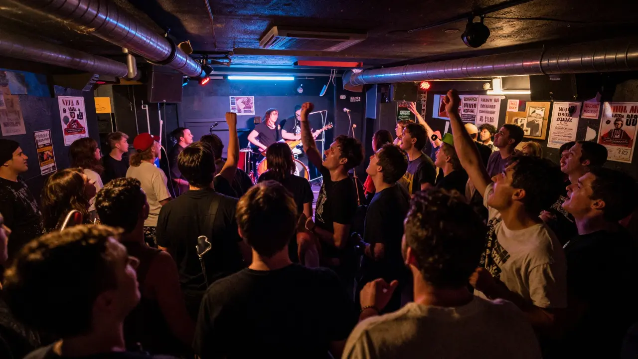 Crowded underground punk club with band playing on a small stage, audience energized and moving.