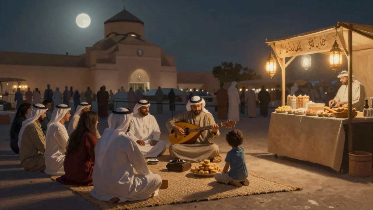 Cultural night outdoors with oud musician, lanterns, and crowd enjoying traditional food under stars.