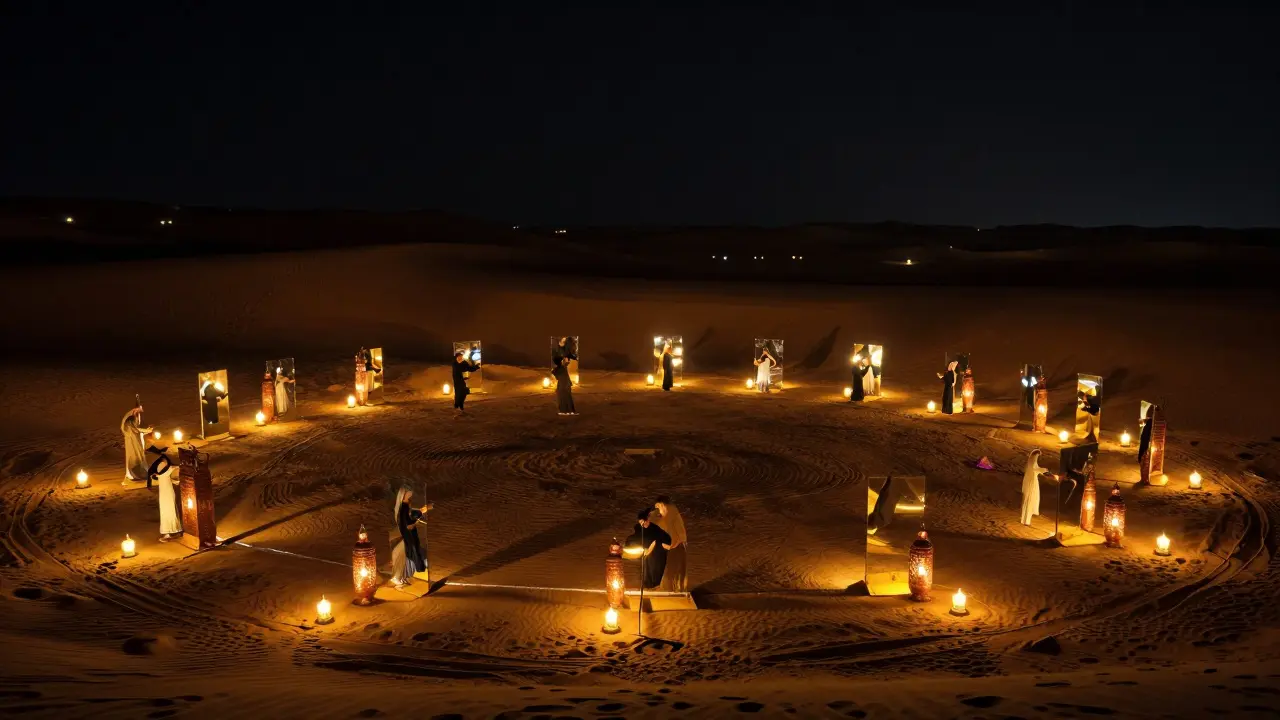 Desert night market with lantern-lit dance floor and mirrored reflections under starry sky.