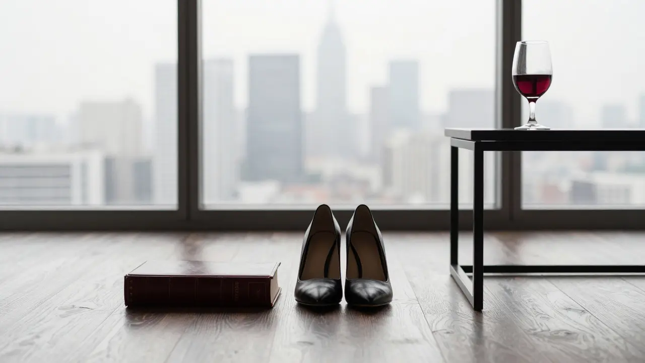 Designer heels and a half-full glass of wine beside a leather book on polished wood, city skyline blurred in the background, no people visible.