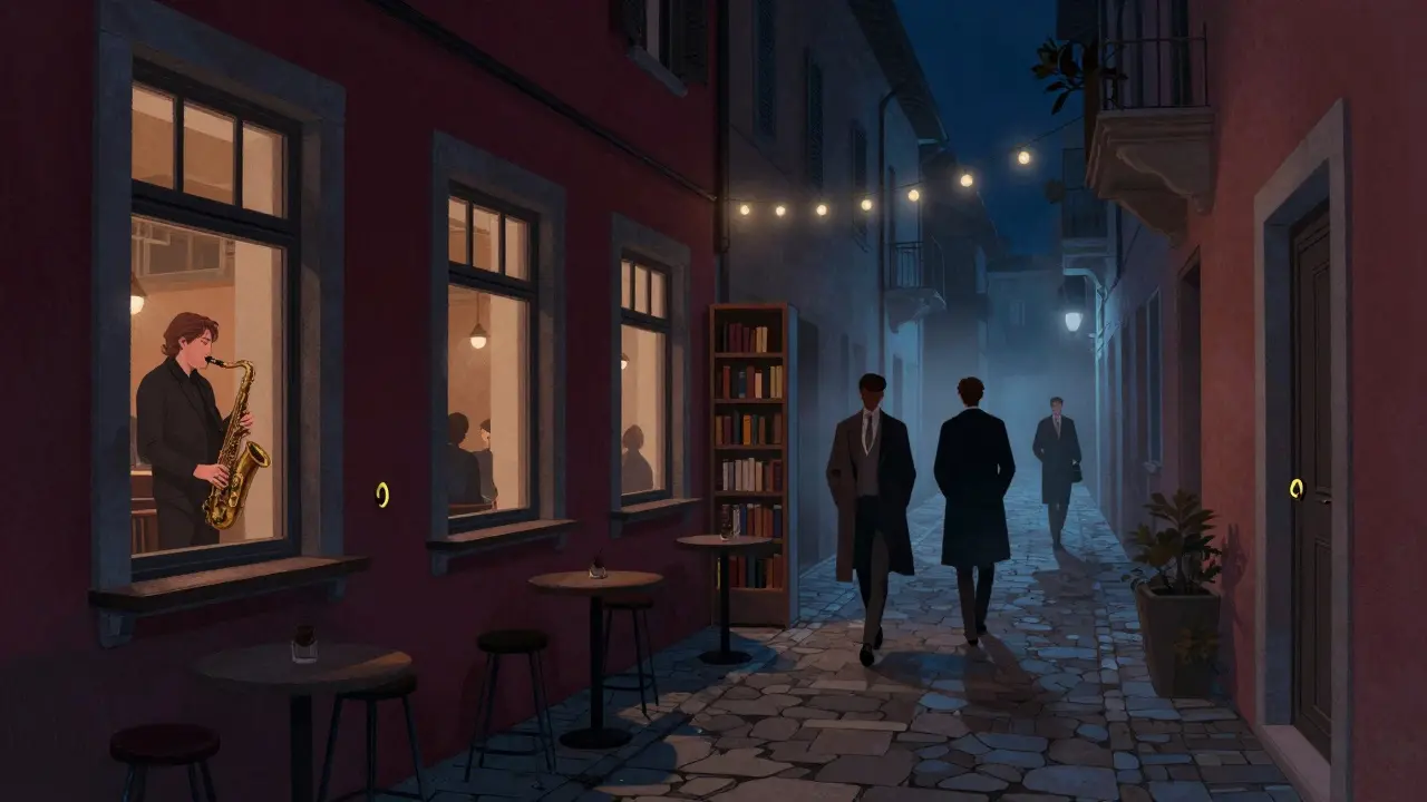Dimly lit Brera alley with jazz bar glow and hidden speakeasy door, cobblestones, string lights overhead.