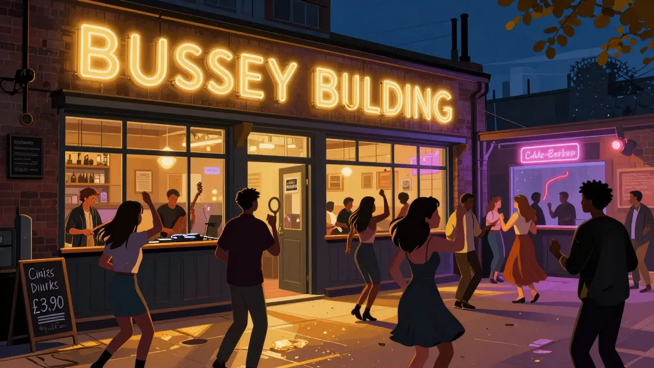 Diverse crowd dancing in a converted warehouse venue with vinyl records spinning and jazz musicians playing.