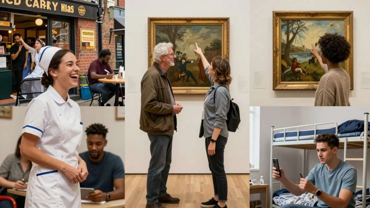 Diverse Londoners connect with companions at a restaurant, museum, and via video call.