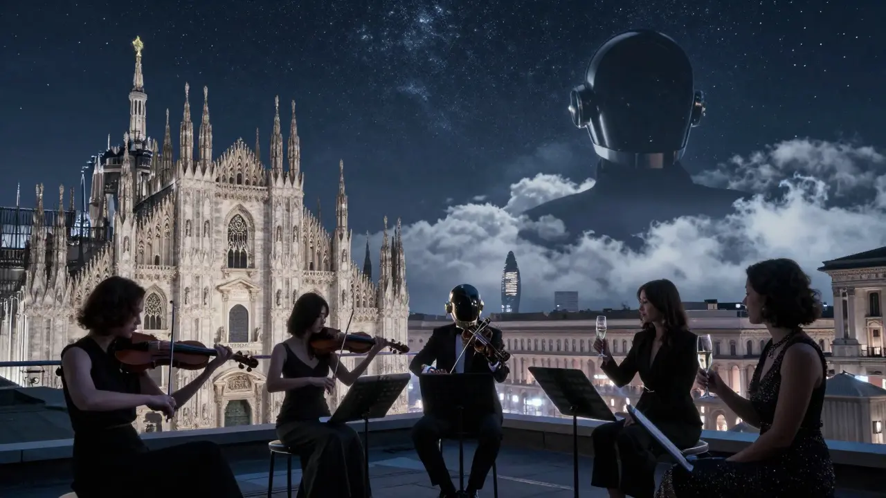 Elegant guests on a secret Milan rooftop with a string quartet and the Duomo lit up under the stars.