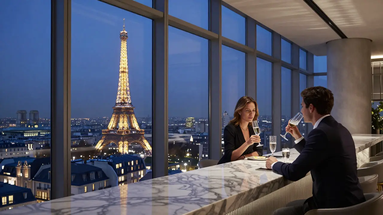 Elegant rooftop bar on the 56th floor with panoramic night views of Paris landmarks and Champagne flutes.