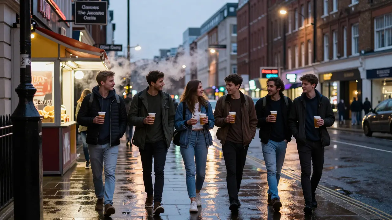 Friends walking home at 2 a.m. after a budget night out, passing a classic chip van under streetlights.