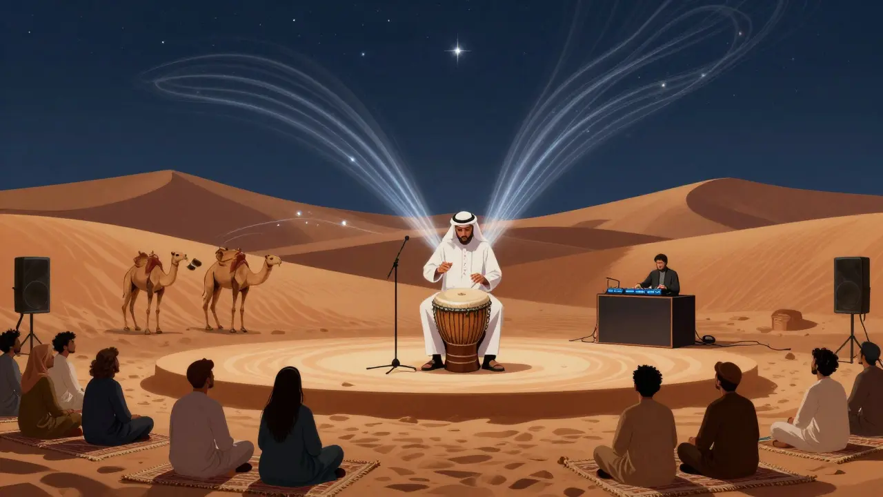 Fusion performance blending traditional Emirati drumming with electronic music under starlit projections of desert dunes.